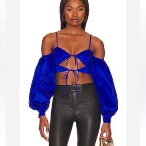 NBD Haleh Top Bright Blue Cropped Tie Cut Out Puff Sleeve Blouse Revolve Sz XS